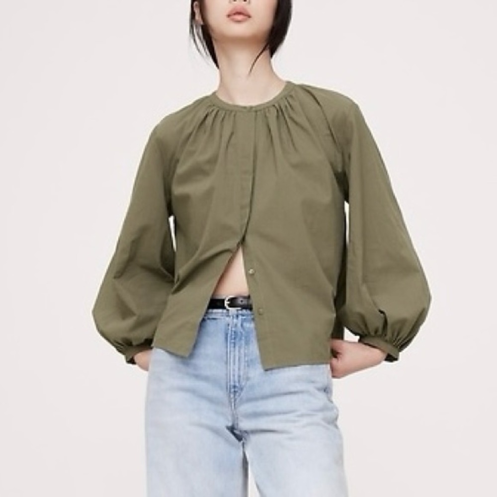 Banana Republic Cotton Voile Shirred Blouse in Army Green | XL | NWT